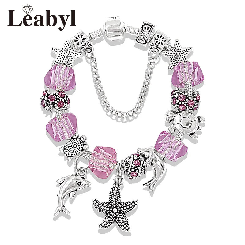 Classic Dolphin Charm Bracelet Blue Murano Crystal Glass DIY Bead Bangle