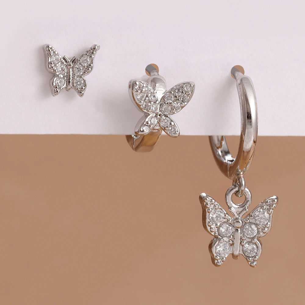3PCS Elegant Butterfly CZ Charms Hoop Earrings Stainless Steel