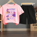 K-pop Girls Summer Casual T-Shirt and Shorts 2-Piece Fashion Outfit