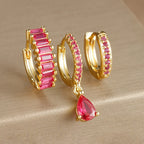 3PCS Stainless Steel Gold Plated Hoop Earrings Zircon Pendant