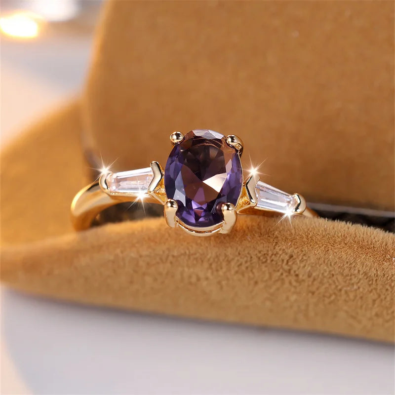 Charm Oval Purple Stone Rings For Women Minimalist Gold Color Zircon Wedding Bands Stacking Engagement Finger Ring Jewelry Gifts