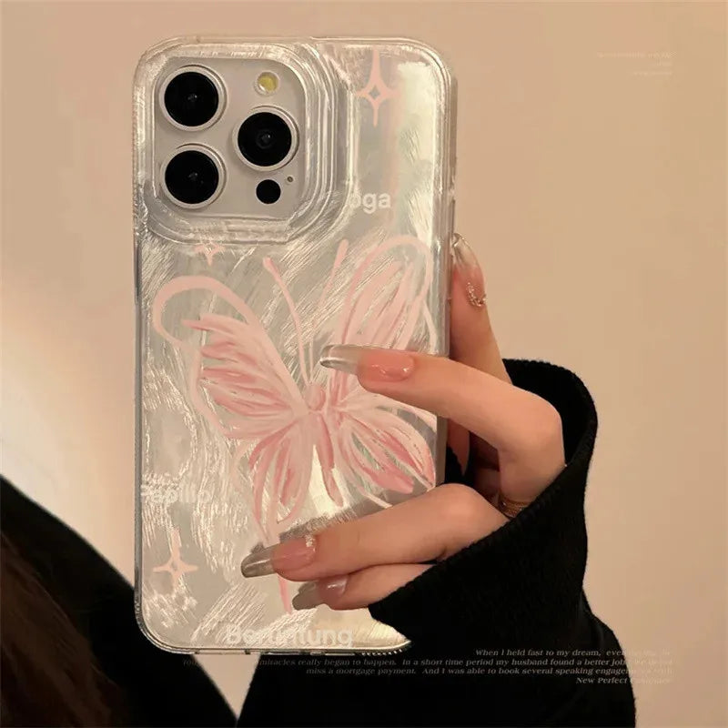 Pink Butterfly Laser Case for iPhone 16 15 14 13 12 11 Pro Max Plus XR XS