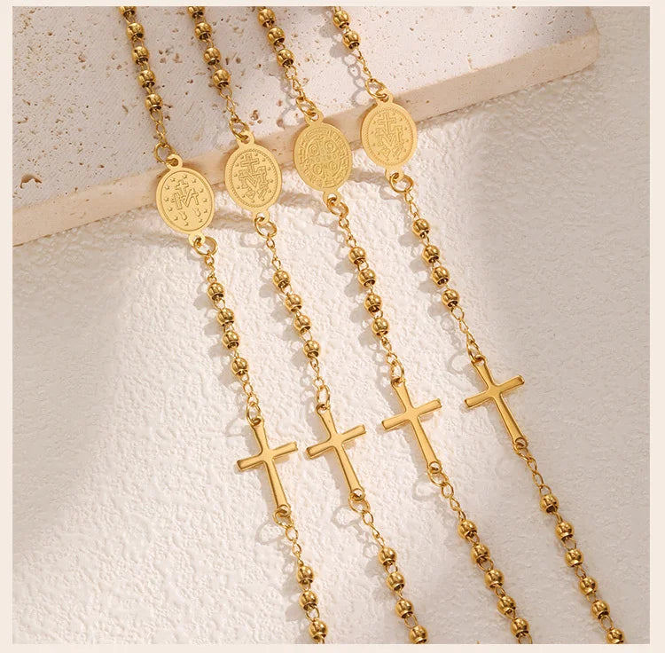Stainless Steel Virgin Mary St Benedict Cross Bracelet, Bead Chain Bracelet Women Religious Jewelry