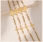 Stainless Steel Virgin Mary St Benedict Cross Bracelet, Bead Chain Bracelet Women Religious Jewelry