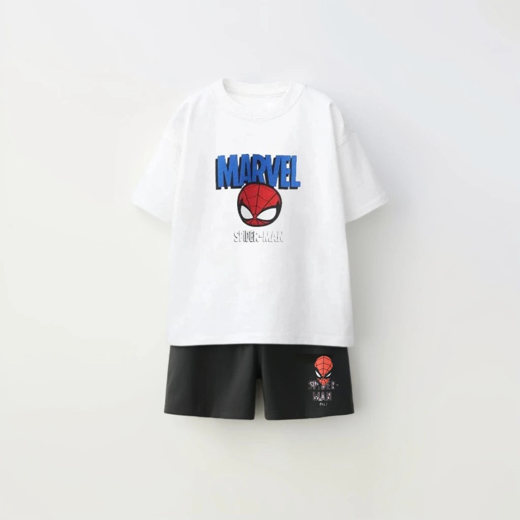 Kids Spiderman Print Sports T-Shirt & Loose Shorts Set Cartoon Summer Outfit