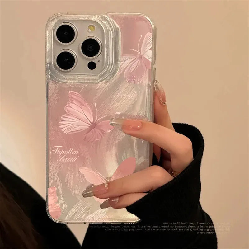 Pink Butterfly Laser Case for iPhone 16 15 14 13 12 11 Pro Max Plus XR XS