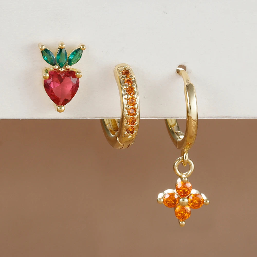 3PCS Stainless Steel Orange Zirconia Flower Pendant Hanging Earrings Set