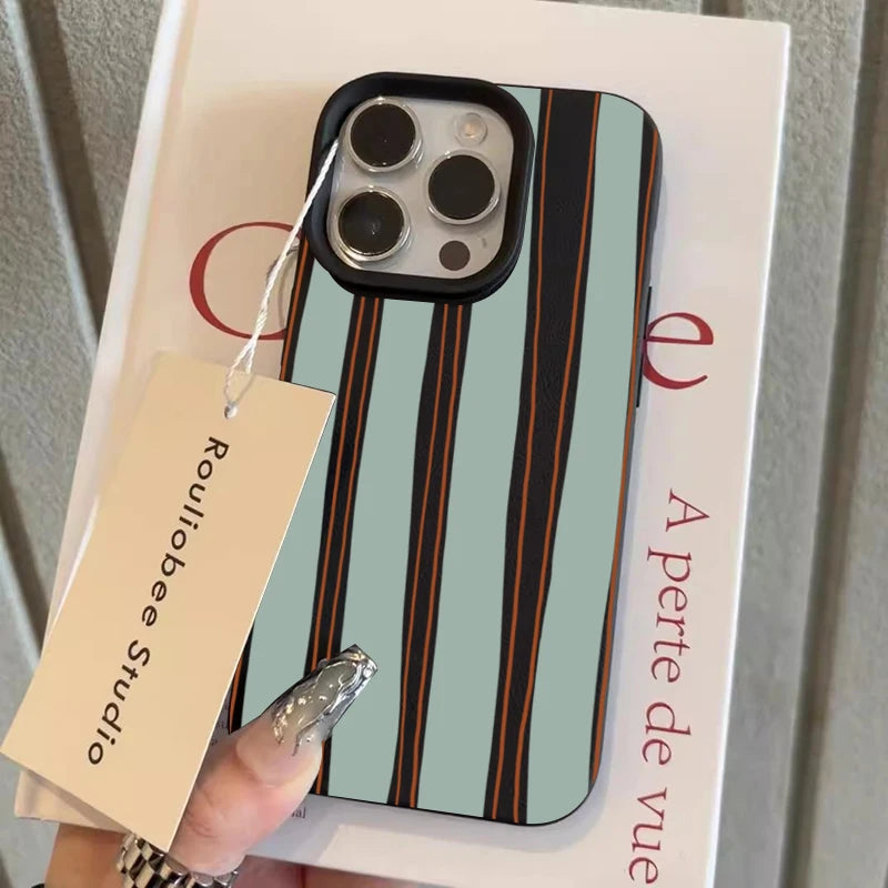 Striped Pattern Lychee Case for iPhone 17 16 15 14 13 12 Pro Max