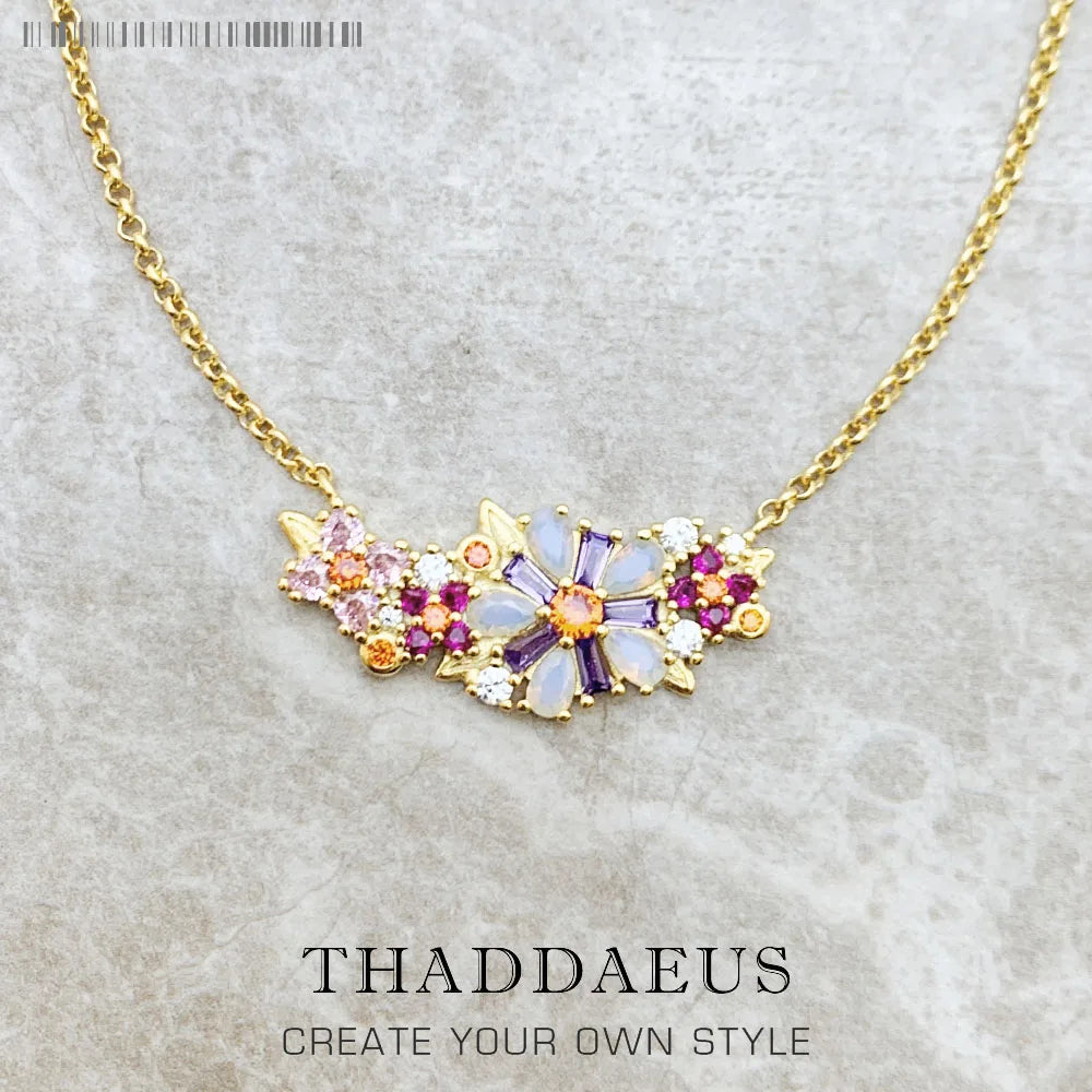 Flowers Colourful Stones Necklace Link Chain 925 Sterling Silver Jewellery
