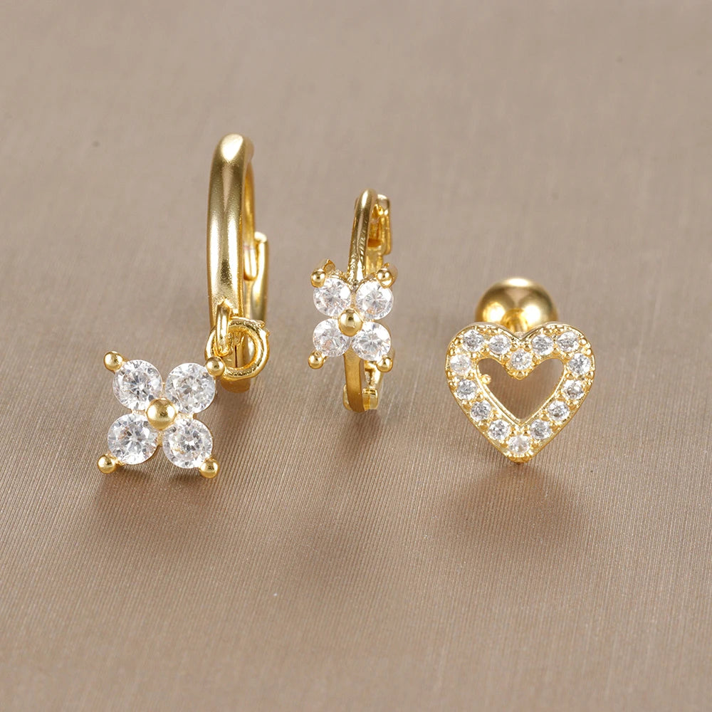 3PCS Vintage Design Four Flower Zircon Hoop Earrings Set Steel
