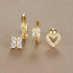 3PCS Vintage Design Four Flower Zircon Hoop Earrings Set Steel