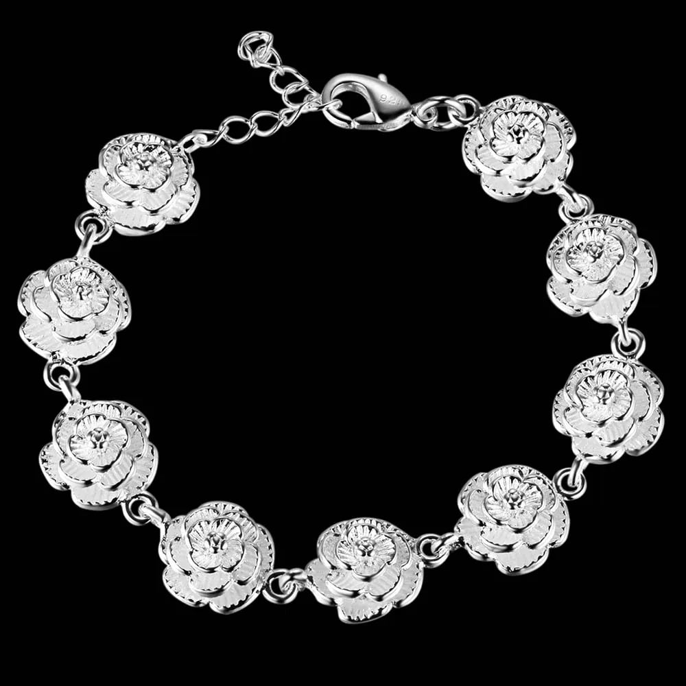 Rose Flower Chain Bracelet 925 Sterling Silver Women Pretty Wedding Jewellery