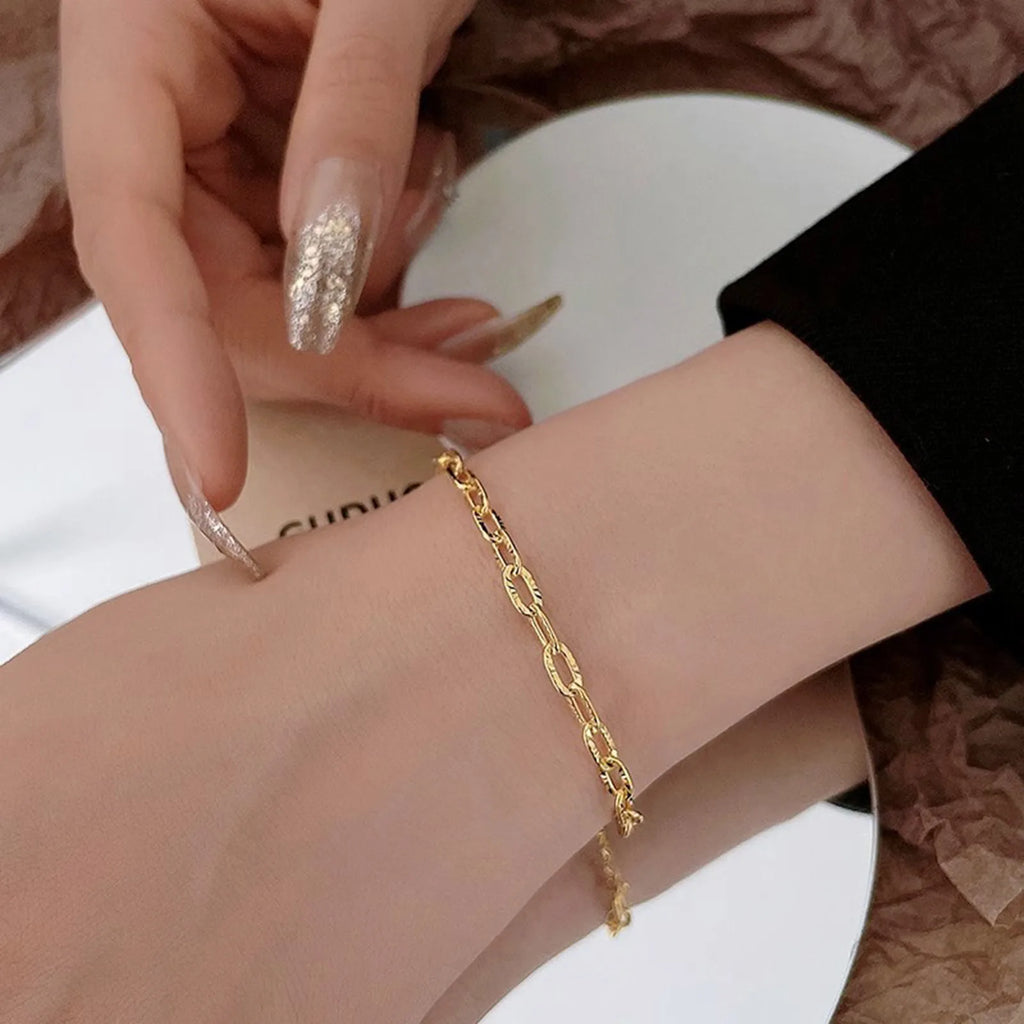 Geometric Oval Embossed Textured Link Chain Bracelet for Women,Stainless Steel Stacking Jewelry