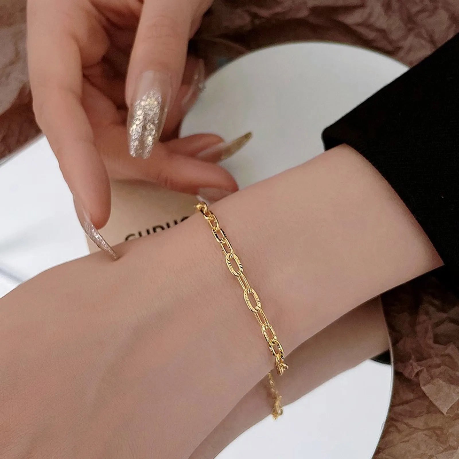 Geometric Oval Embossed Textured Link Chain Bracelet for Women,Stainless Steel Stacking Jewelry