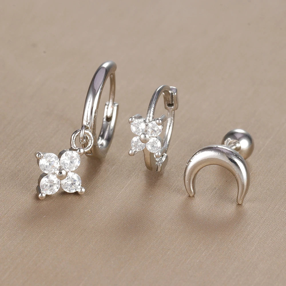 3PCS Vintage Design Four Flower Zircon Hoop Earrings Set Steel
