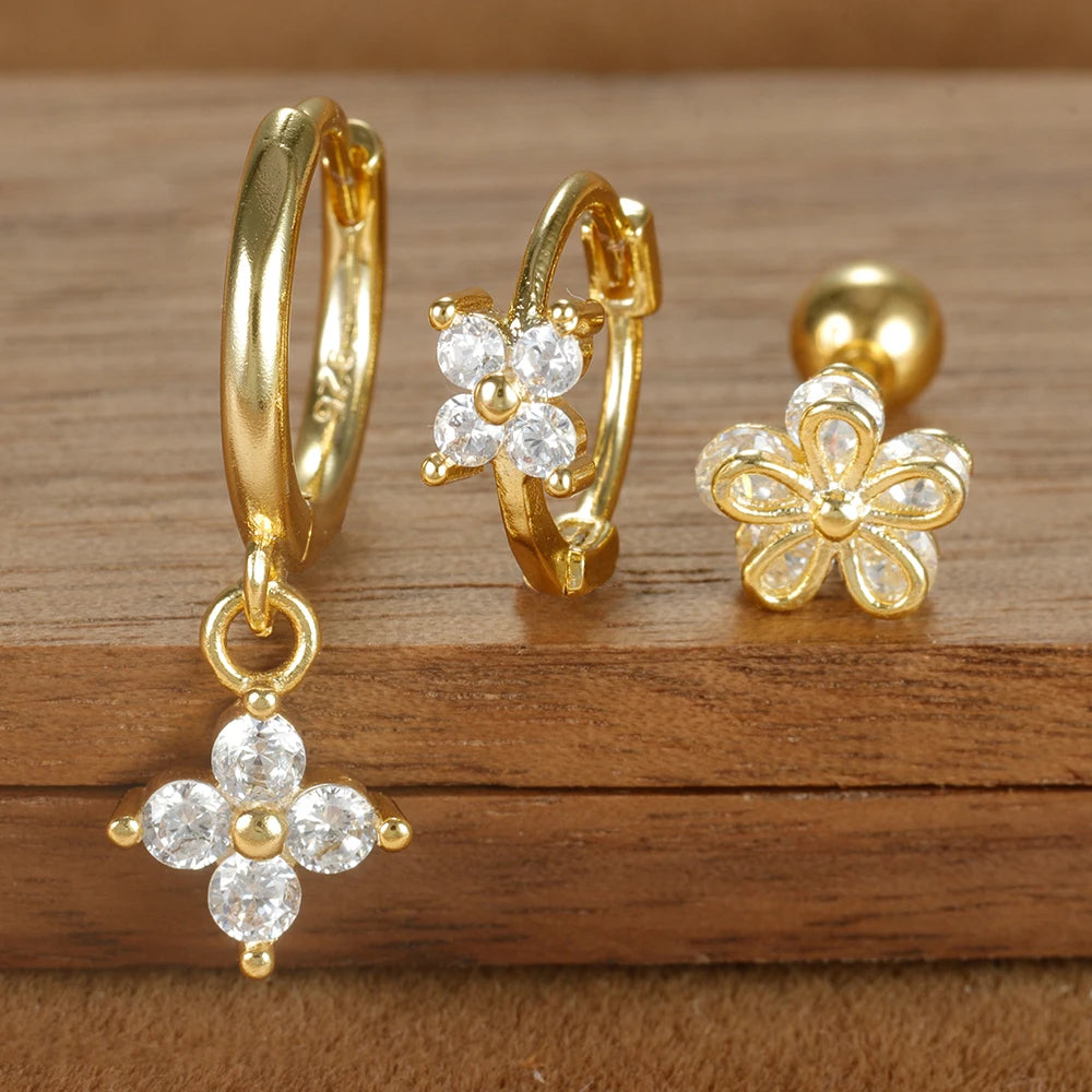 3PCS Four Flower Zircon Little Hoop Earring Star Cartilage Piercing