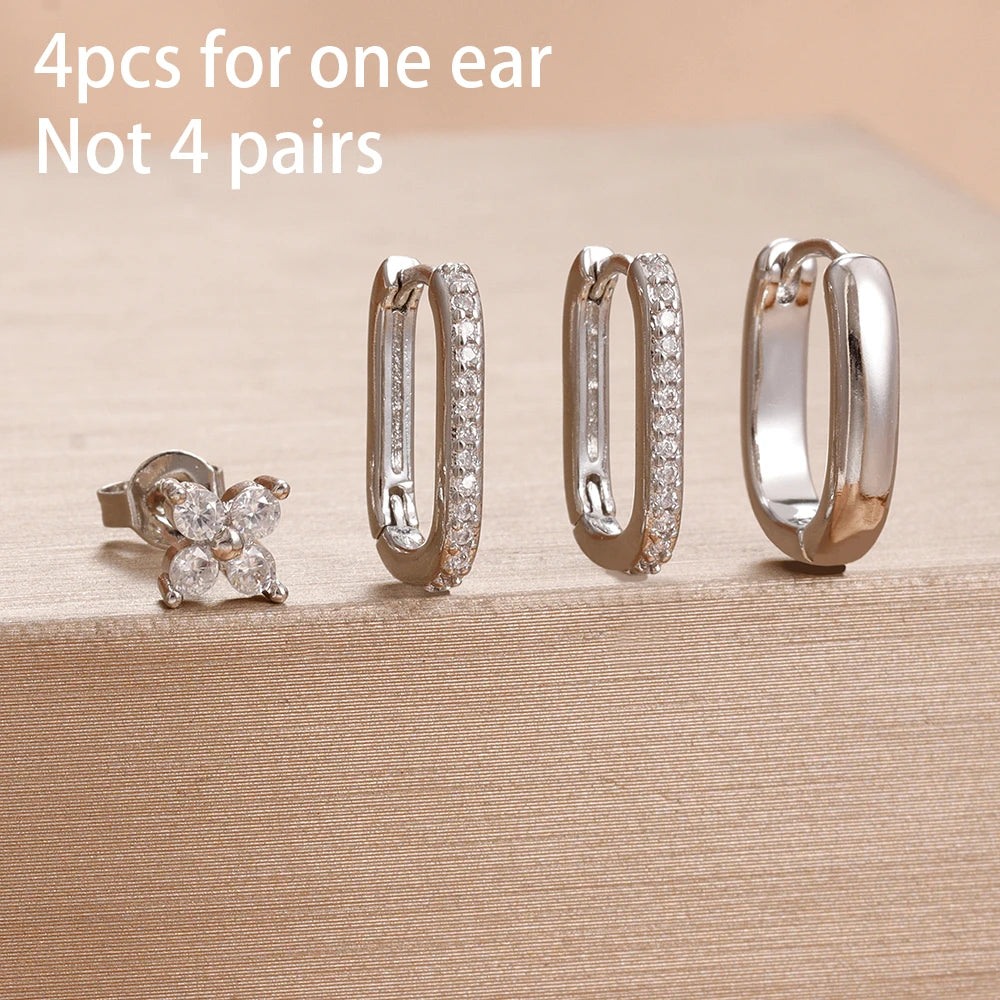 4PCS Star Moon Stainless Steel Zircon Stud Earrings 14K Gold Plated