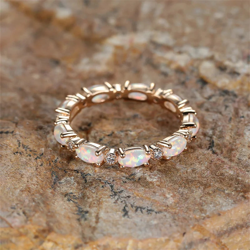 Bride Small Oval Stone Ring White Fire Opal Stacking Rings For Women Silver Gold Color Luxury Zircon Lover Wedding Bands Jewelry