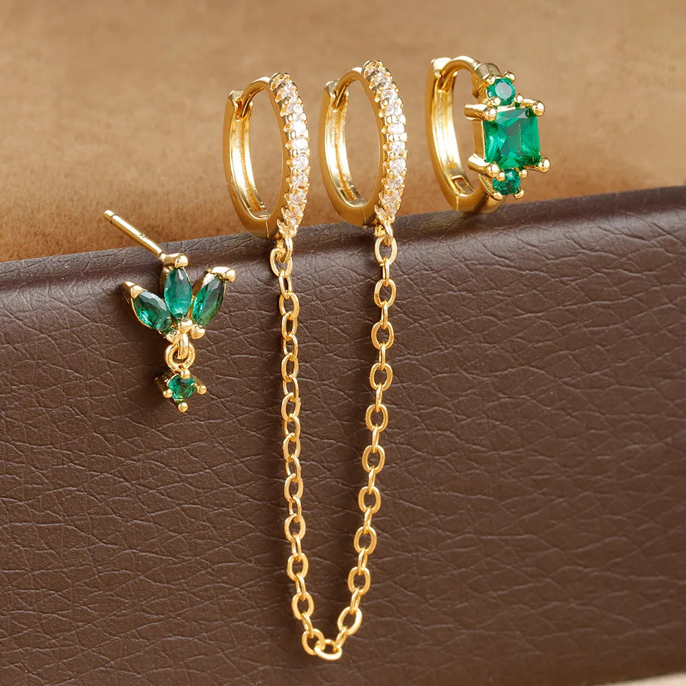 3PCS Stainless Steel Long Chain Two Hole Piercing Earrings Tassel