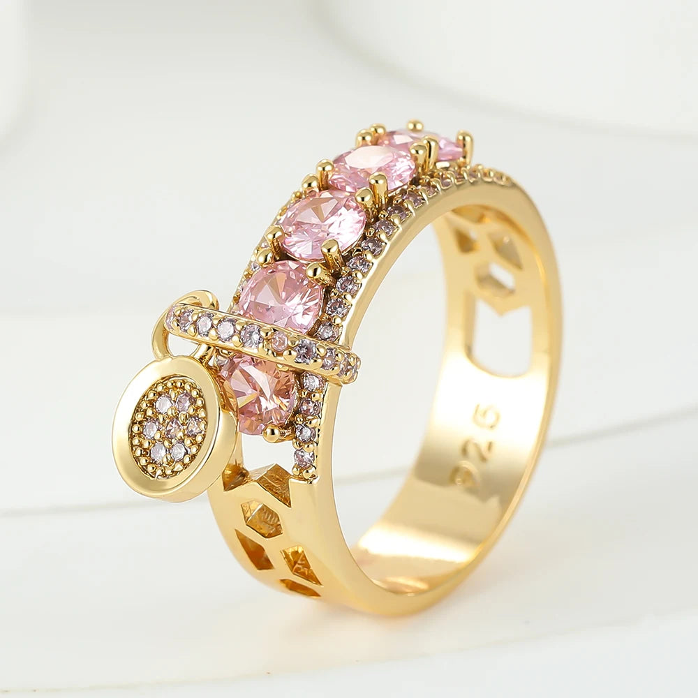 Luxury Female Rose Red Stone Wedding Rings For Women Engagement Jewelry Cute Pink Zircon Round Dangle Ring Christmas Day Gifts