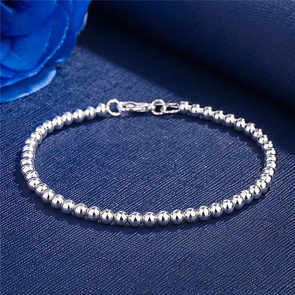 4mm Beads Chain Bracelet 925 Sterling Silver Women Wedding Party Jewellery