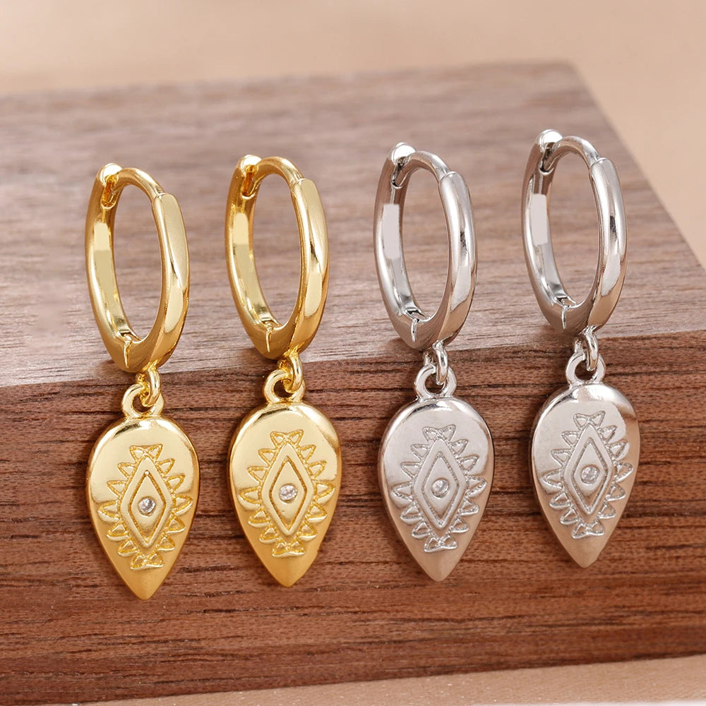 2PCS Fashion Stainless Steel Leaf Evil Eye Dangle Earrings 14K Gold