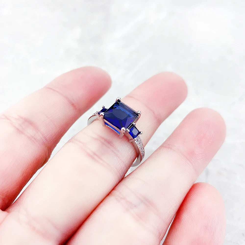 Cocktail Ring Blue White Square Stones 925 Sterling Silver Classic Jewellery