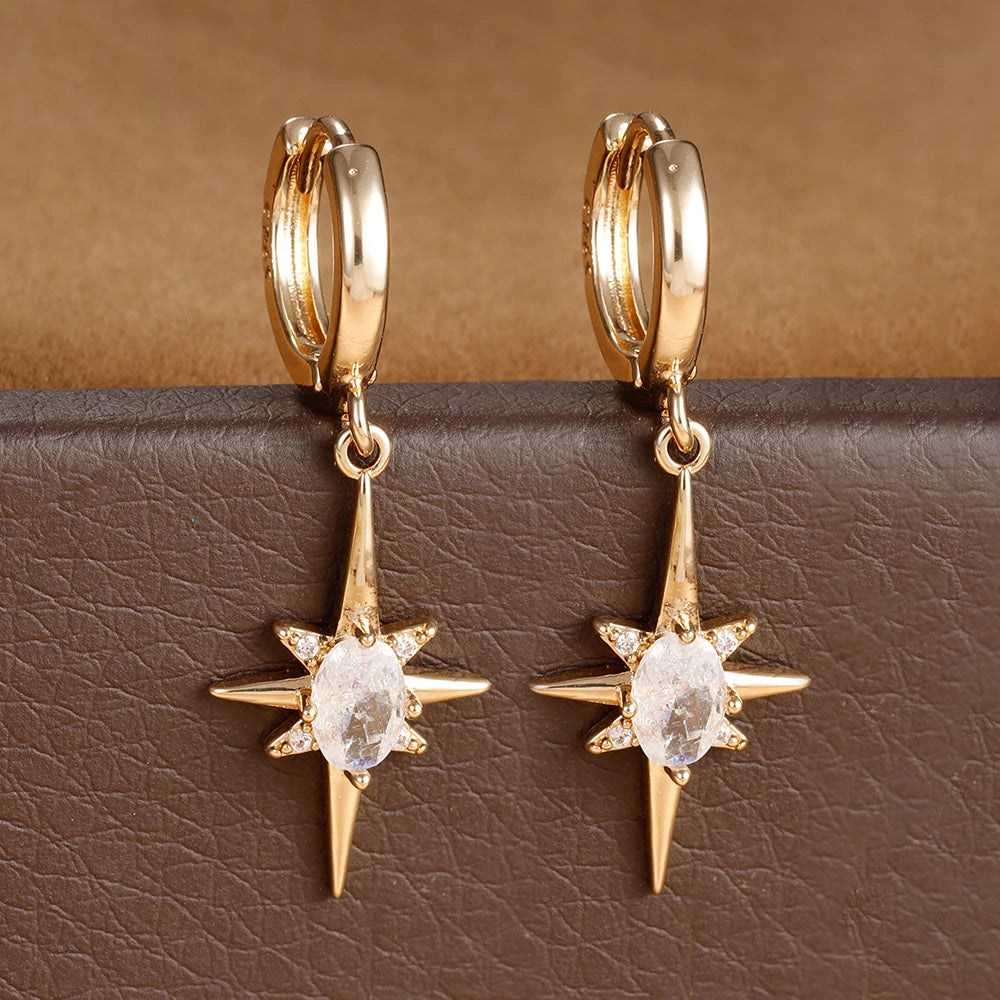 2PCS Simple Stainless Steel Star Hoop Earrings Gold Colour Zirconia
