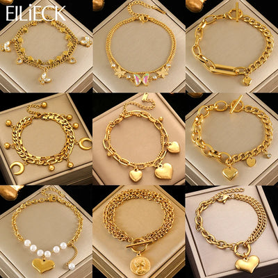 Gold Colour Stainless Steel Charm Bracelet Trendy Textured Jewellery