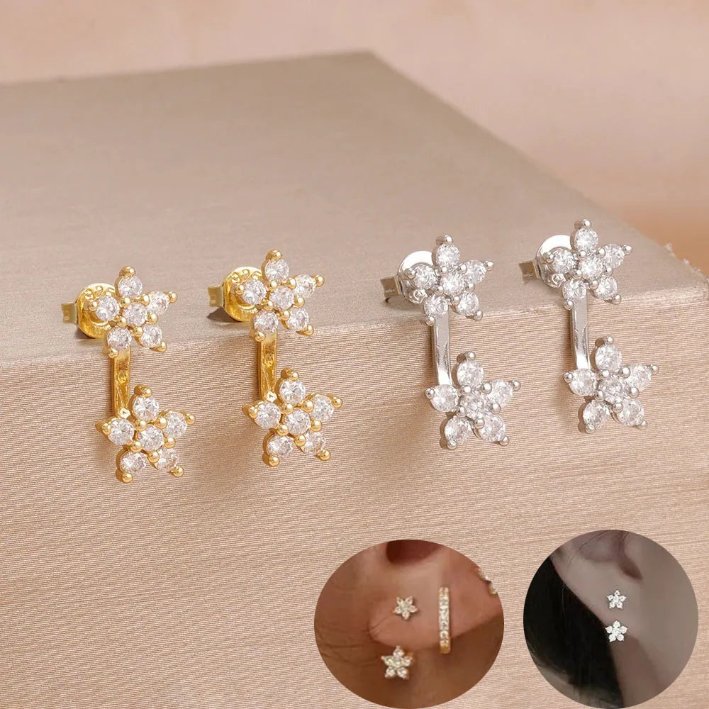 French Design Double Flower Dangle Earrings Stainless Steel Crystal