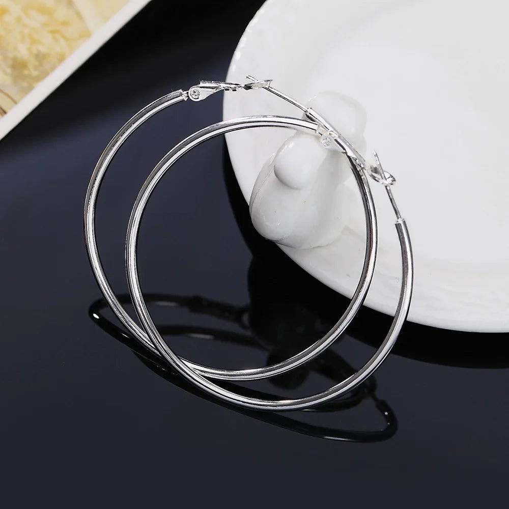 925 Sterling Silver Big Hoop Earrings Women 50/60/70/80mm Wedding Jewellery
