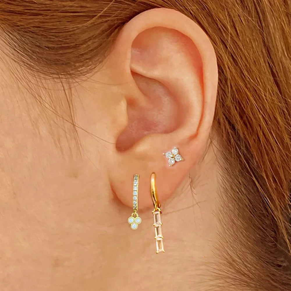3PCS Vintage Stainless Steel Flowers Huggies Hoop Earrings Zircon