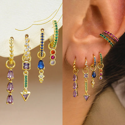 2PCS Stainless Steel Multicolor Zircon Geometry Drop Earrings