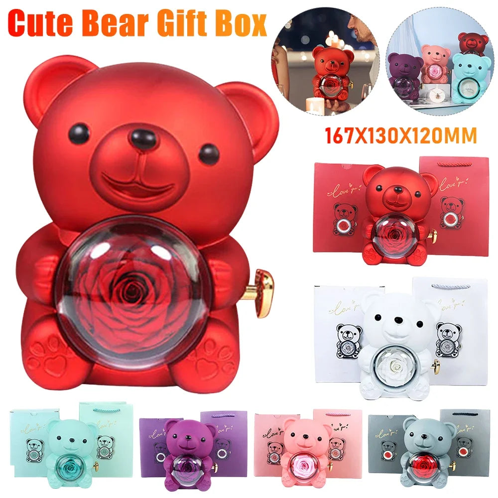 Cute Bear Eternal Rose Teddy Jewellery Box Rotating Valentine's Day Gift Ship from UK