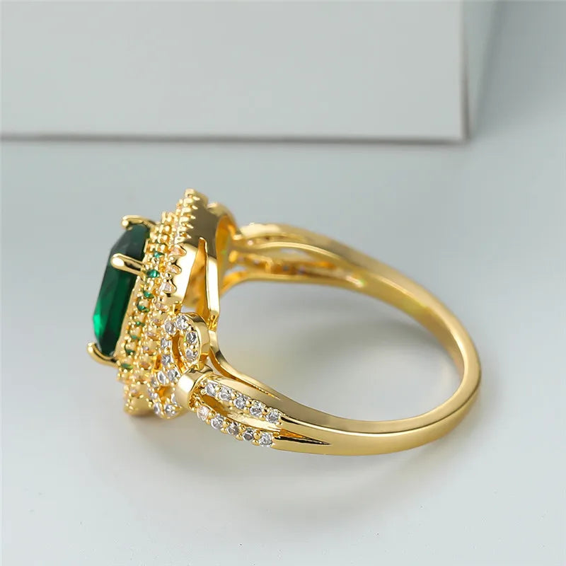 Classic Gold Color Wedding Ring Female Luxury Crystal Engagement Ring Green Zircon Square Stone Rings For Women Minimalist Bands