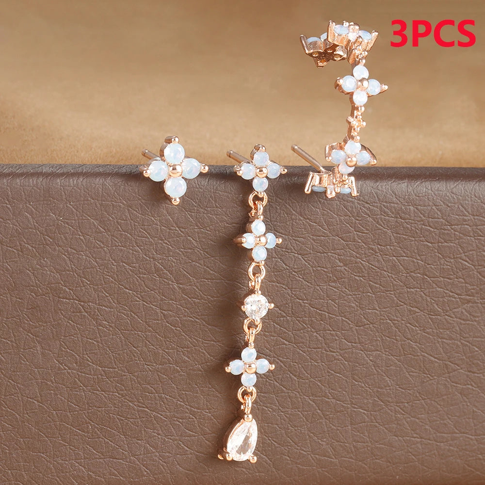 3PCS Zircon Flower Pendant Earring Sets Stainless Steel Cartilage