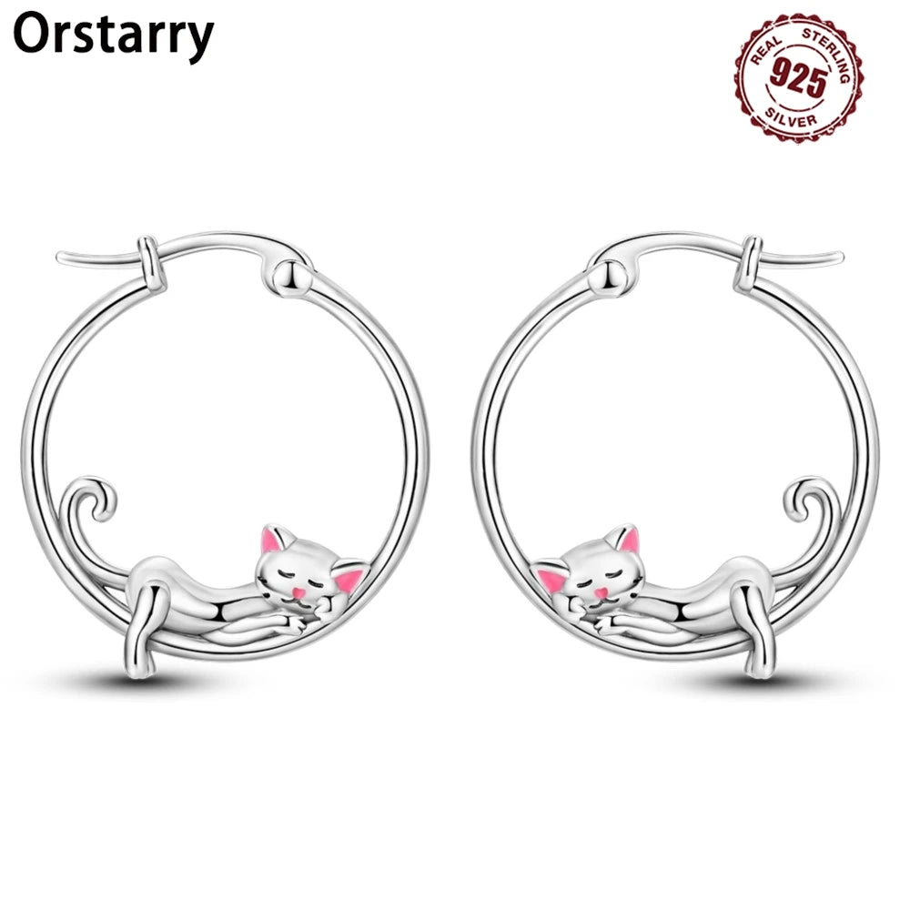 925 Sterling Silver Cute Lazy Cat Animal Pet Hoop Earrings Birthday Gift