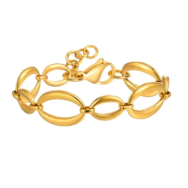 Stainless Steel Oval Fancy Link Chain Bracelets For Women, Chunky Thick Geometric Bangle Hypoallergenic Jewelry