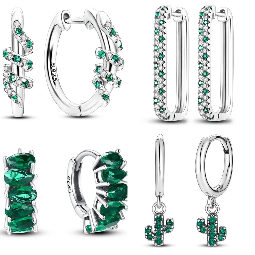 925 Sterling Silver Animal Plant Green Zircon Circle Hoop Earrings Jewellery