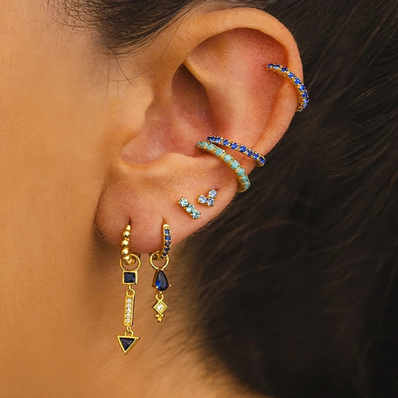Classic Dark Blue Zircon Triangle Square Piercing Earrings Steel