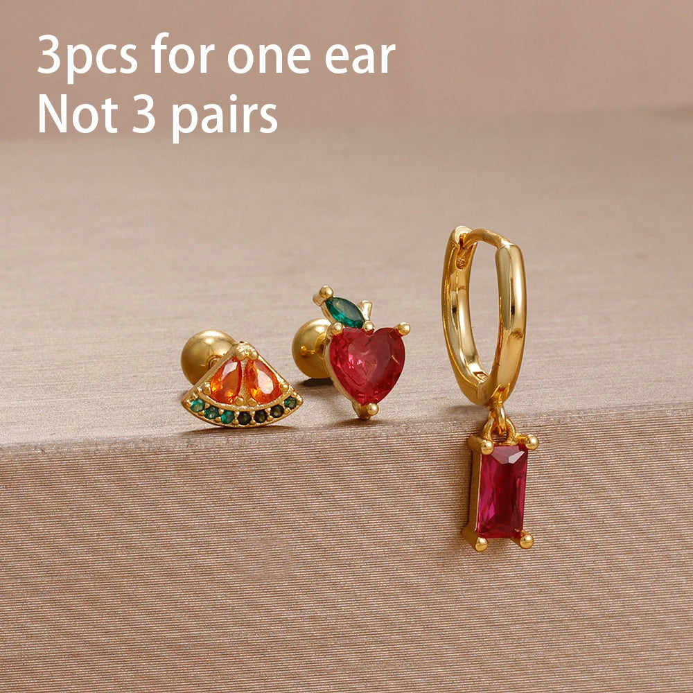 3PCS Unique Stainless Steel Earrings Set Rose Red Crystal Zircon
