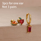 3PCS Unique Stainless Steel Earrings Set Rose Red Crystal Zircon