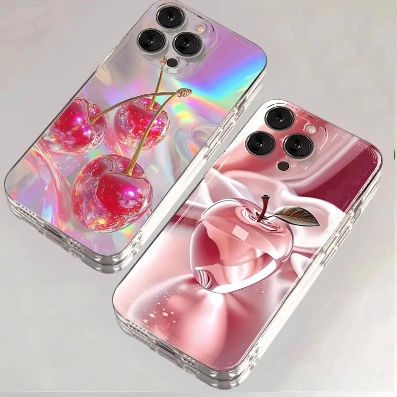 Crystal Cherry Print Case for iPhone 17 16 15 14 13 12 11 Pro Max Plus Air