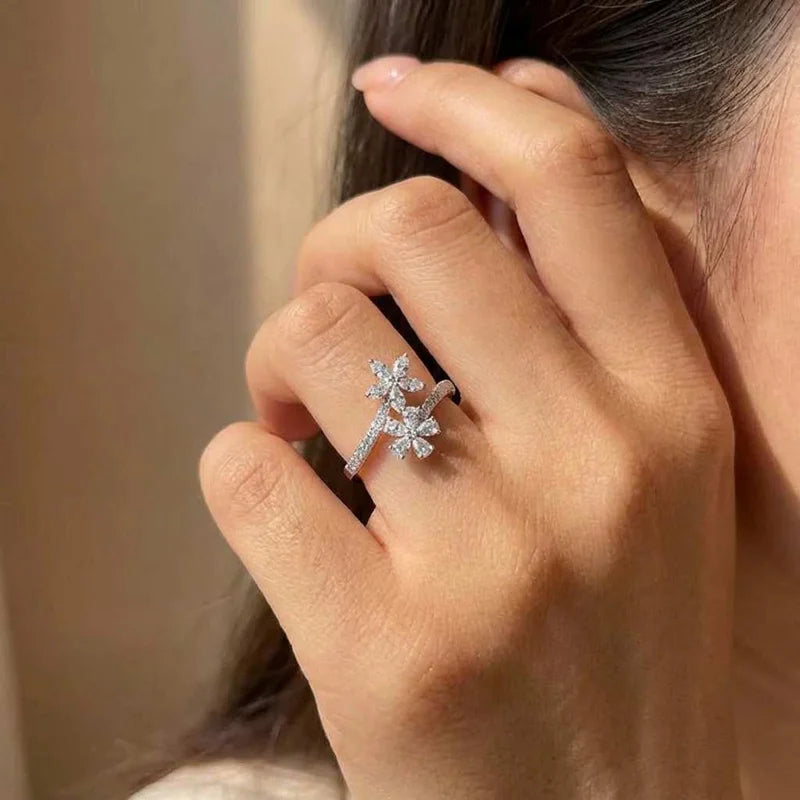 925 Sterling Silver Aesthetic Flower Adjustable Finger Ring Brilliant Zirconia Engagement Accessory