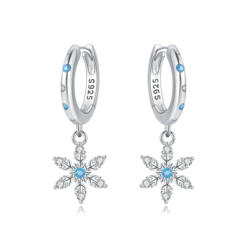 925 Sterling Silver Sparkling Blue Snowflake Drop Earrings Trendy Jewellery