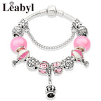 Romantic Pink Heart Charm Bracelet Fine Crystal DIY Bead Bangle Gift