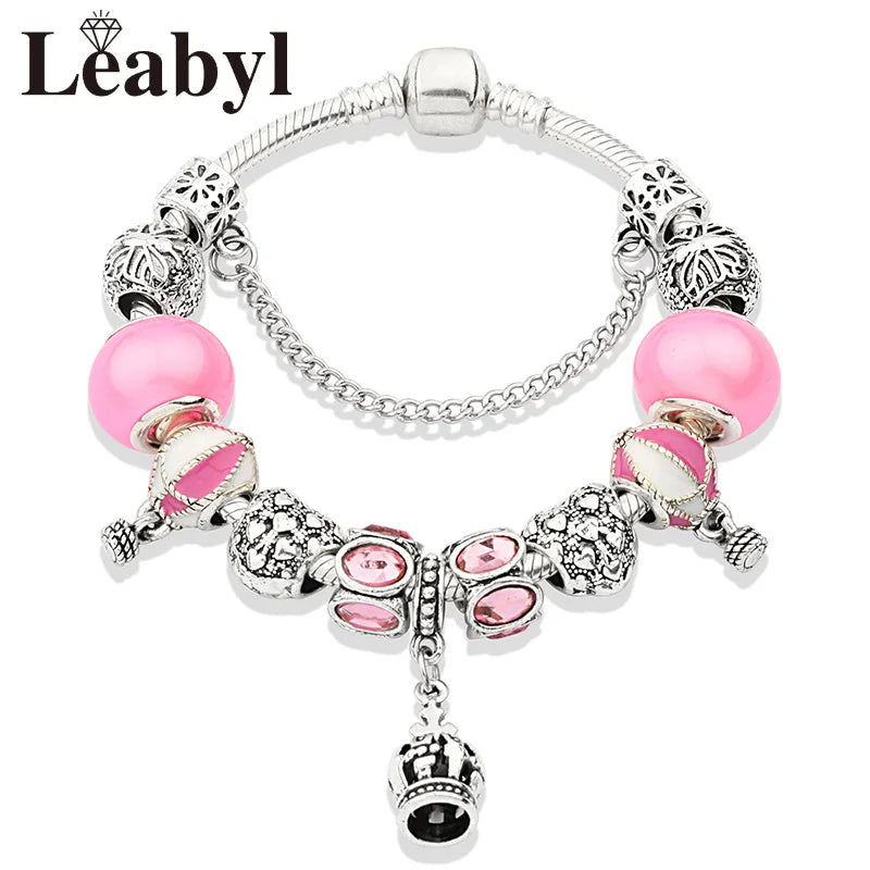 Romantic Pink Heart Charm Bracelet Fine Crystal DIY Bead Bangle Gift