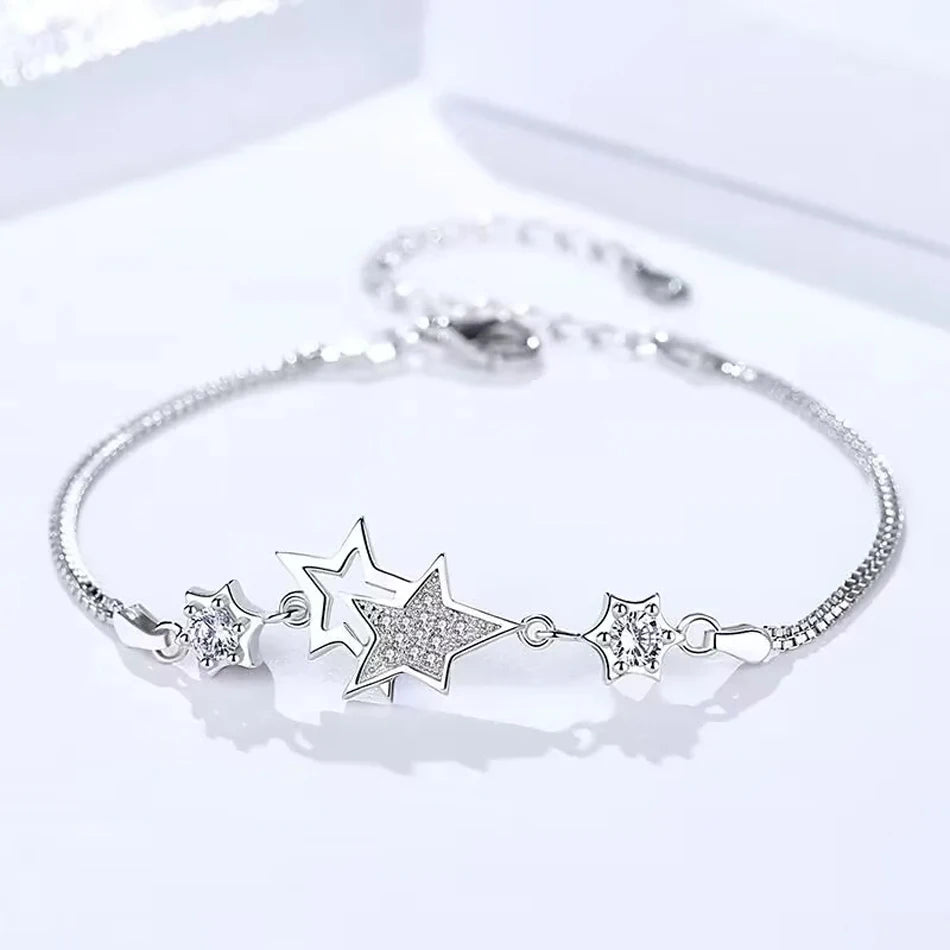 Crystal Star Charm Bracelet 925 Sterling Silver Elegant Wedding Jewellery