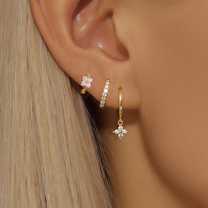 3PCS Trendy Stainless Steel Flower Drop Earring Set Zirconia Dangle
