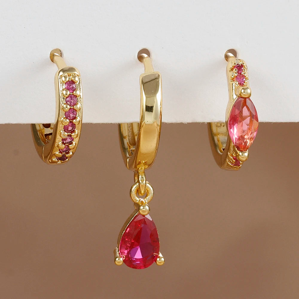 3PCS Cubic Zirconia Water Drop Hanging Earrings Round Dangle Set